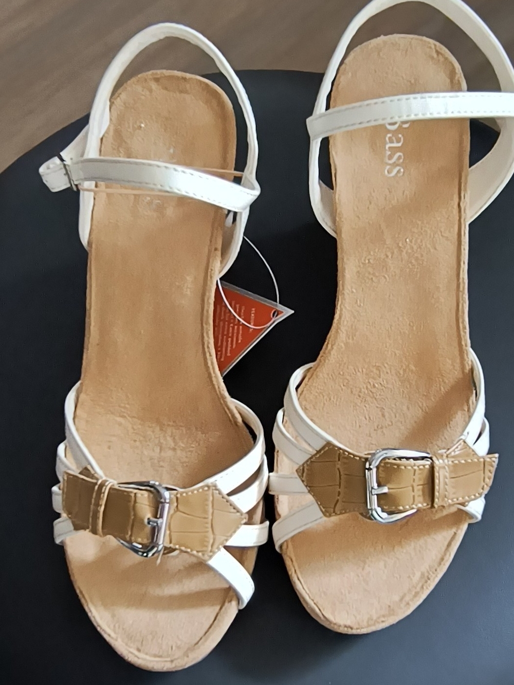 Bass White and Tan Buckle Strappy Sandals